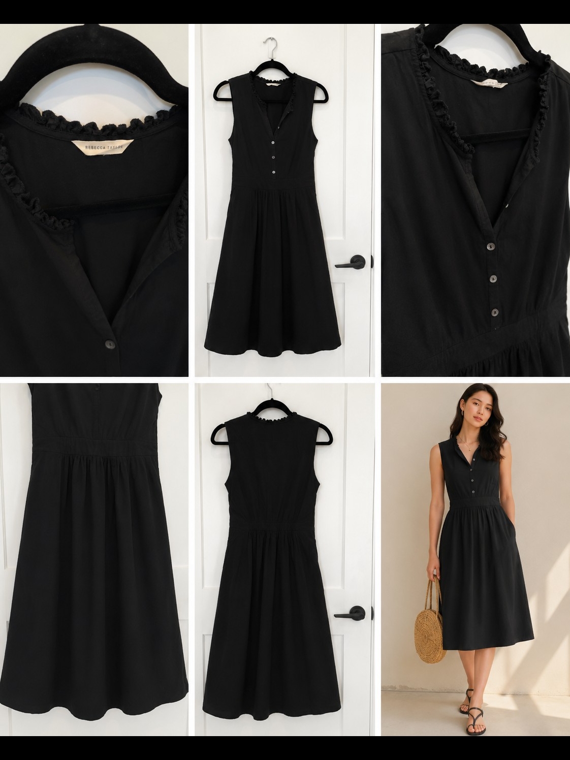 Rebecca Taylor Black Sleeveless Ruffled Collar Midi Dress